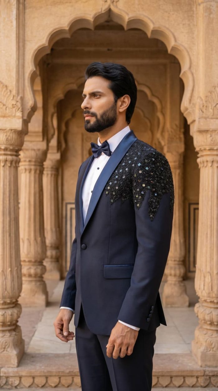 Lightweight Wool Single-Button Tuxedo with Handmade Embroidery (PC-3) - Image 5
