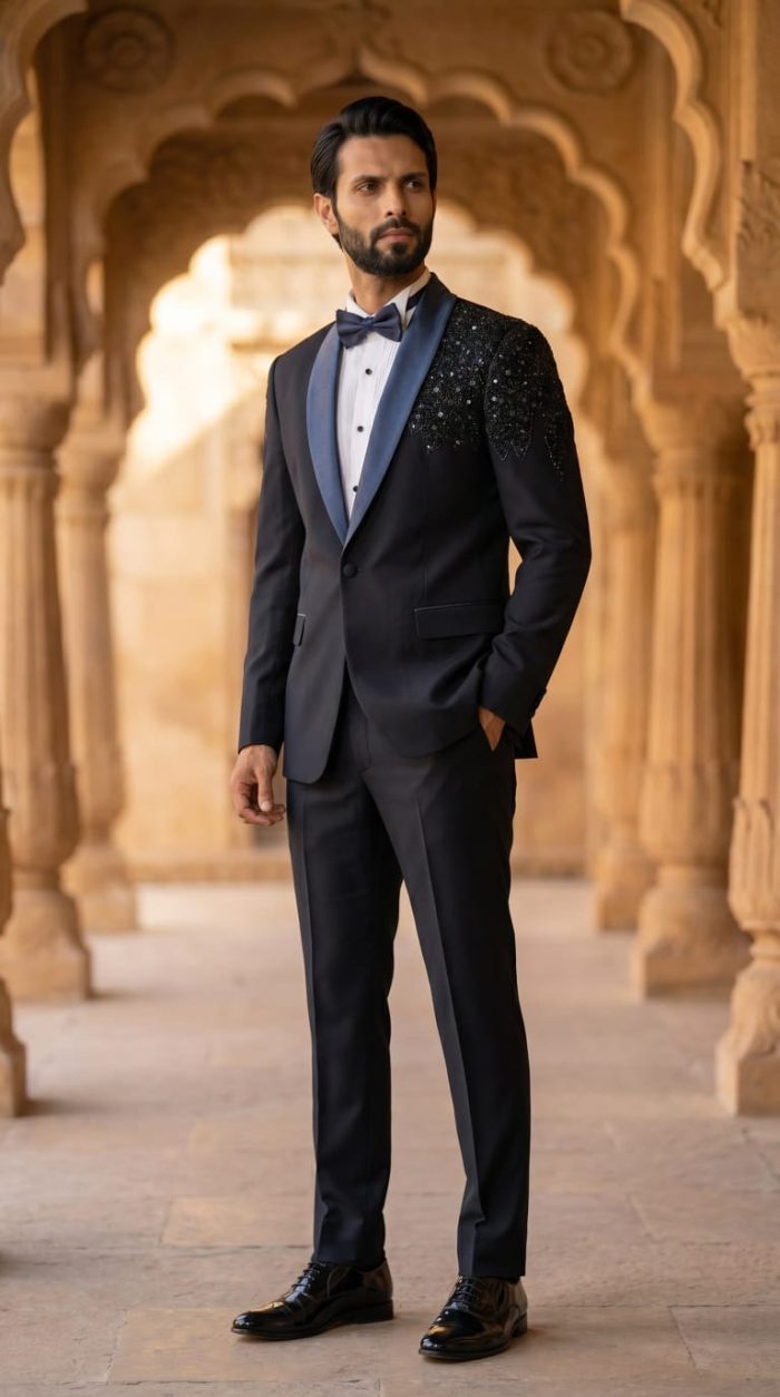 Lightweight Wool Single-Button Tuxedo with Handmade Embroidery (PC-3) - Image 4