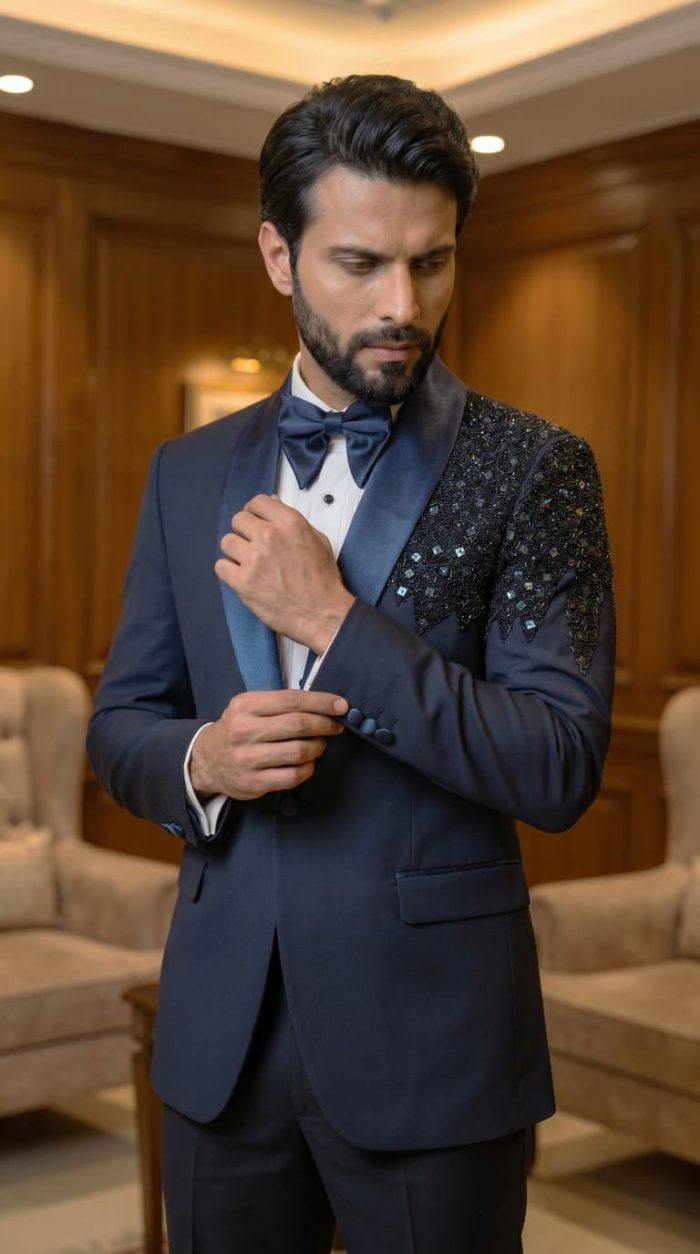 Lightweight Wool Single-Button Tuxedo with Handmade Embroidery (PC-3) - Image 2