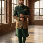 Crafted from premium jamawar fabric, this prince coat reflects timeless elegance with a modern touch. The rich texture is enhanced by intricate digital thread embroidery, beautifully detailed on the sleeves and lower panel, giving it a luxurious and regal appearance.