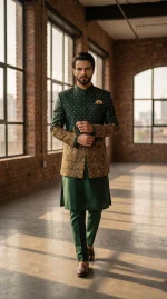 Crafted from premium jamawar fabric, this prince coat reflects timeless elegance with a modern touch. The rich texture is enhanced by intricate digital thread embroidery, beautifully detailed on the sleeves and lower panel, giving it a luxurious and regal appearance.