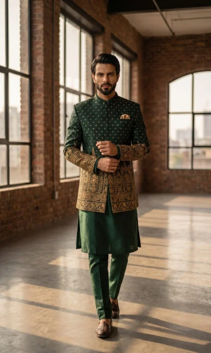 Crafted from premium jamawar fabric, this prince coat reflects timeless elegance with a modern touch. The rich texture is enhanced by intricate digital thread embroidery, beautifully detailed on the sleeves and lower panel, giving it a luxurious and regal appearance.