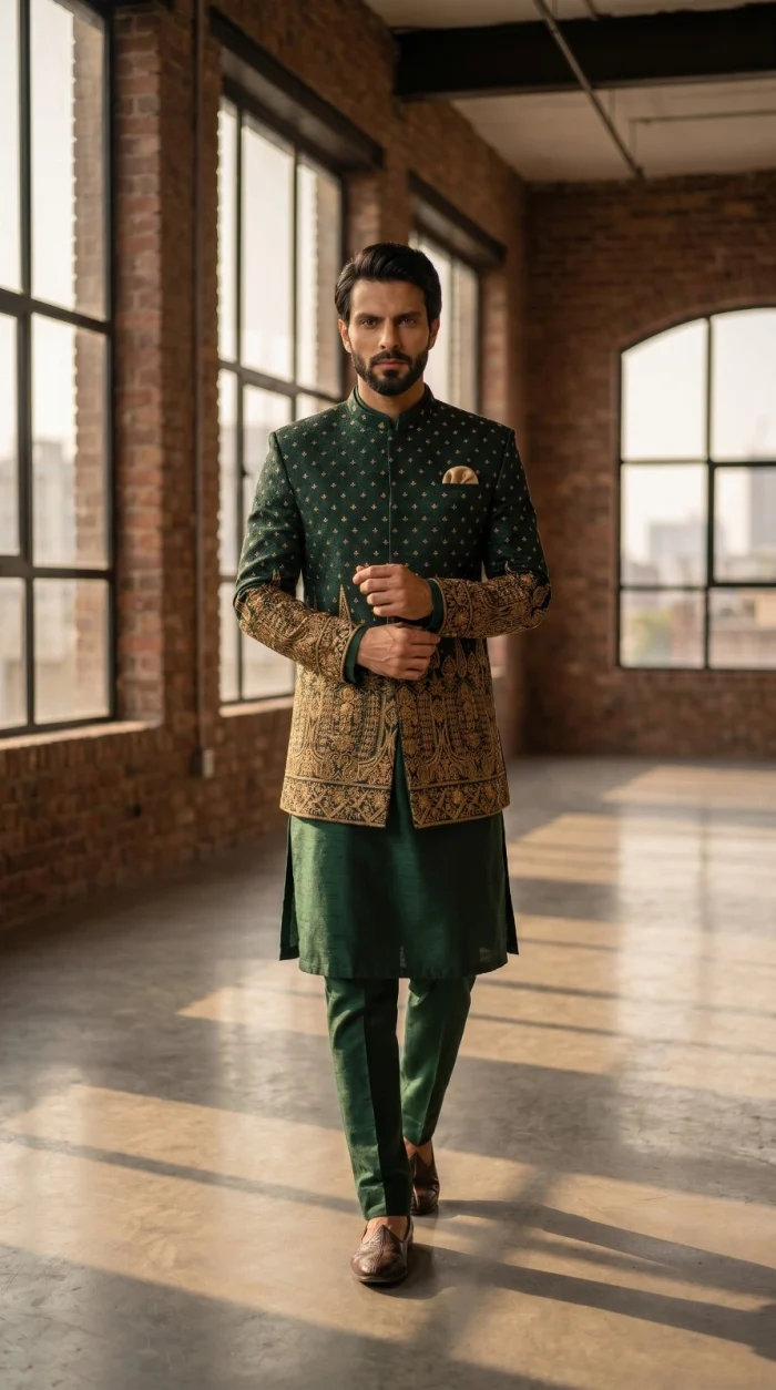Crafted from premium jamawar fabric, this prince coat reflects timeless elegance with a modern touch. The rich texture is enhanced by intricate digital thread embroidery, beautifully detailed on the sleeves and lower panel, giving it a luxurious and regal appearance.