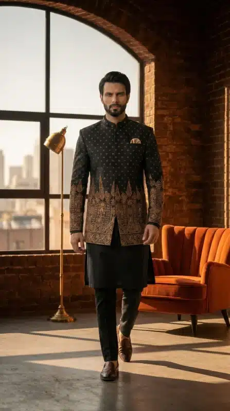Midnight blue jamawar prince coat with handmade embroidery for groom