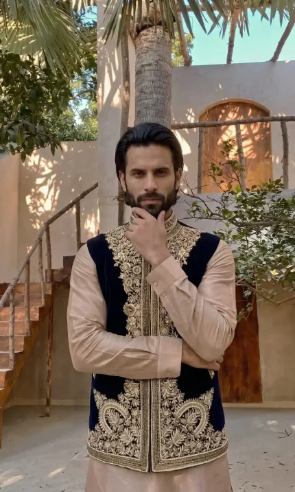 Blue Velvet Hand-Embroidered Waistcoat