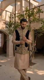 Blue Velvet Hand-Embroidered Waistcoat