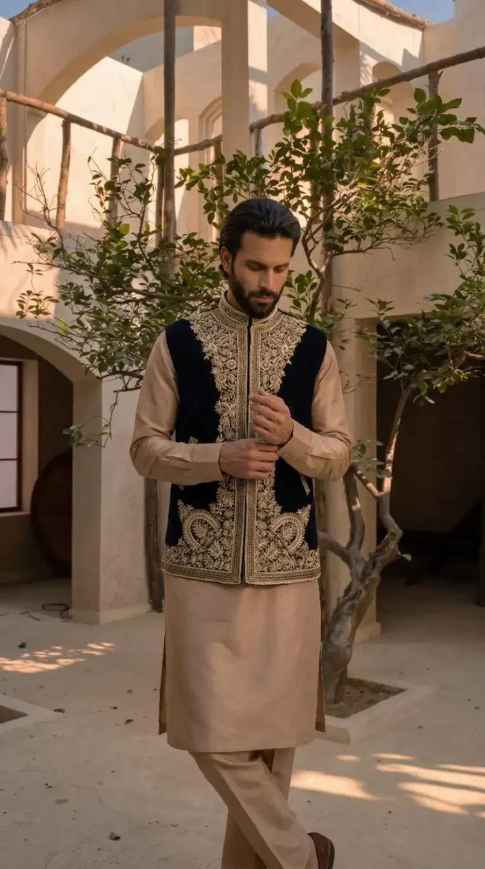 Blue Velvet Hand-Embroidered Waistcoat