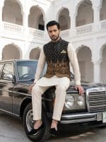 Luxury Black Jamawar Waistcoat with Digital Thread Embroidery  (W-19) - Image 4