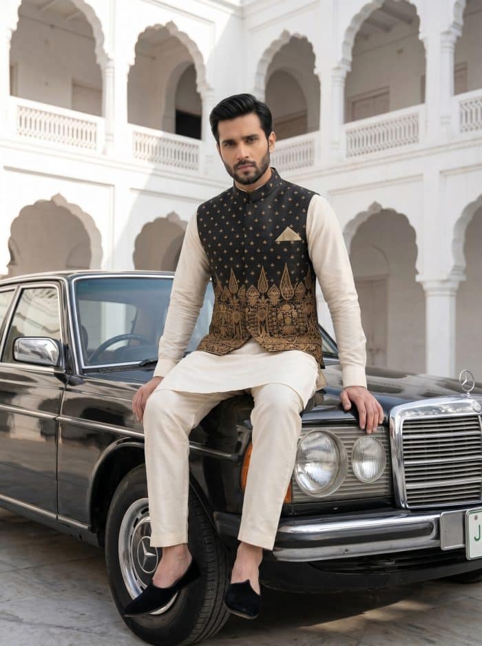 Luxury Black Jamawar Waistcoat with Digital Thread Embroidery  (W-19) - Image 4