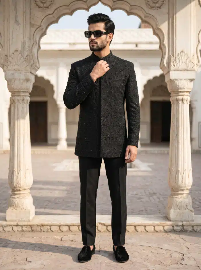 Luxury Black Tropical Prince Coat Handmade Embroidered Hidden Button Design (P-16) - Image 4