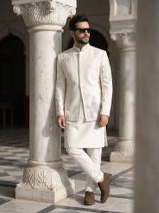 Home 14 Elevate your festive look with this luxurious off-white Prince Coat crafted from premium tropical fabric.