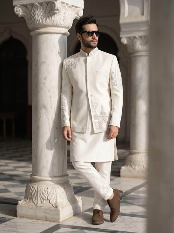 Elevate your festive look with this luxurious off-white Prince Coat crafted from premium tropical fabric.