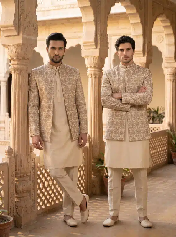 Step into timeless elegance with this premium Prince Coat crafted from luxurious silk-based fabric and enhanced with intricate digital thread embroidery.