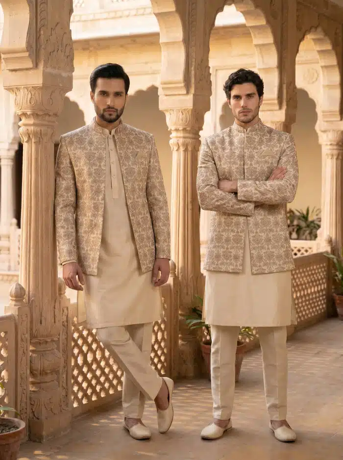 Royal Beige Silk Prince Coat Luxury Open Style Wedding Wear (P-15) Step into timeless elegance with this premium Prince Coat crafted from luxurious silk-based fabric and enhanced with intricate digital thread embroidery.