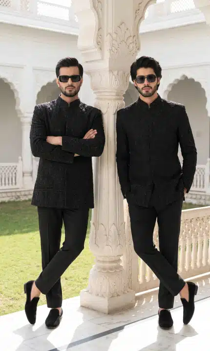 Step into timeless elegance with this luxurious black prince coat crafted from premium Tropical fabric. Designed for modern gentlemen who appreciate royal fashion,