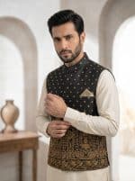 Luxury Black Jamawar Waistcoat with Digital Thread Embroidery  (W-19) - Image 3