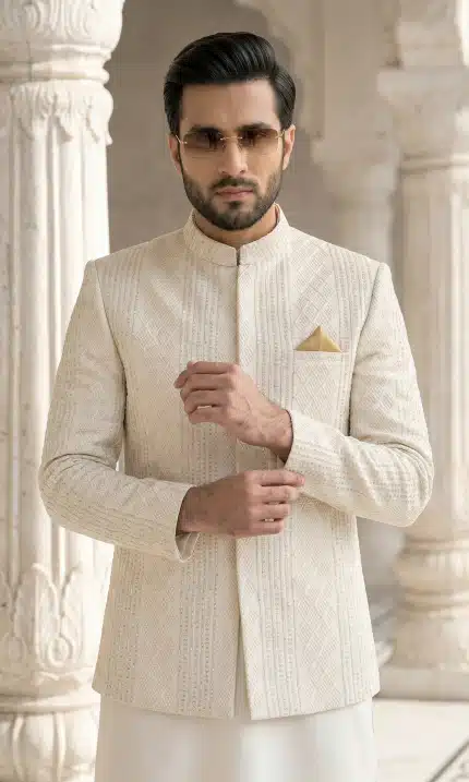 Step into timeless elegance with this luxurious ivory prince coat crafted from premium viscose silk fabric.