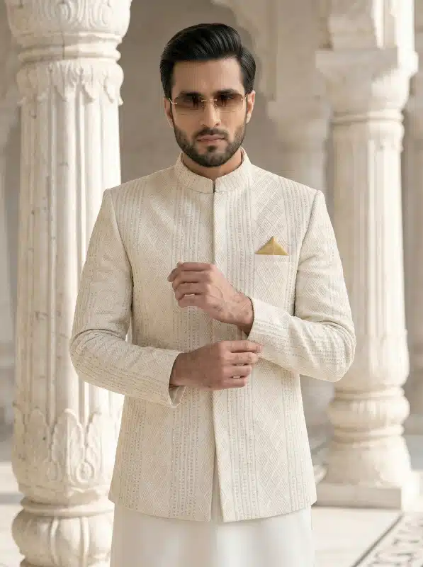 Step into timeless elegance with this luxurious ivory prince coat crafted from premium viscose silk fabric.