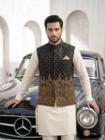 Luxury Black Jamawar Waistcoat with Digital Thread Embroidery  (W-19) - Image 2