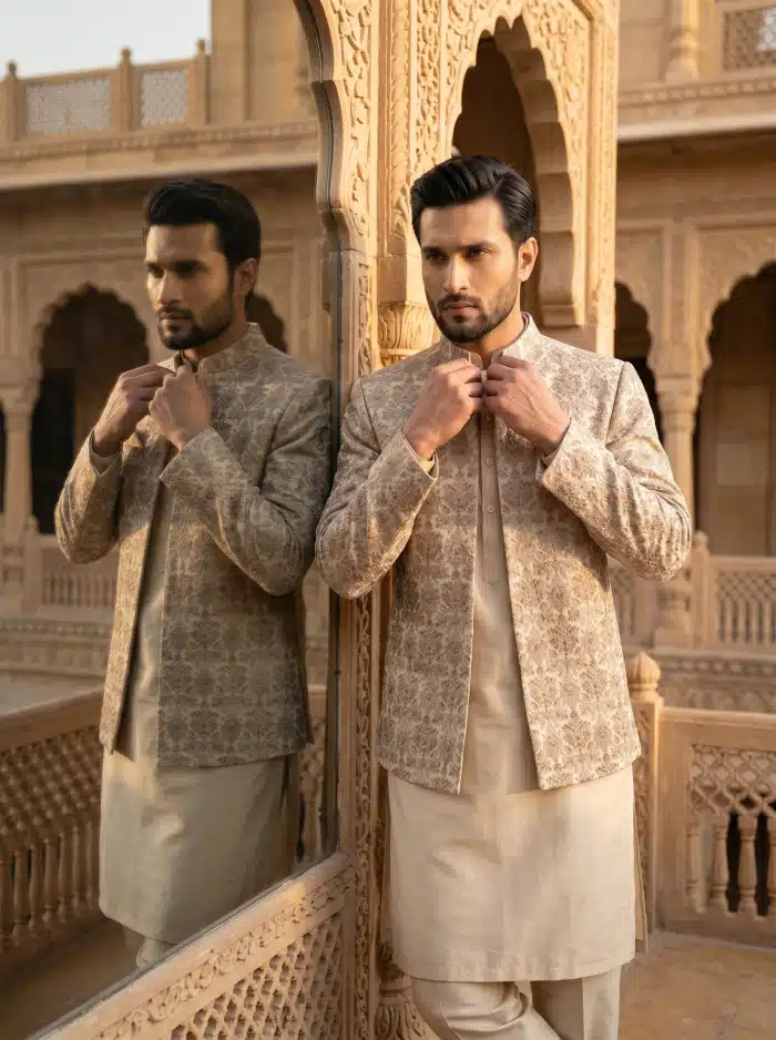 Royal Beige Silk Prince Coat Luxury Open Style Wedding Wear (P-15) - Image 3