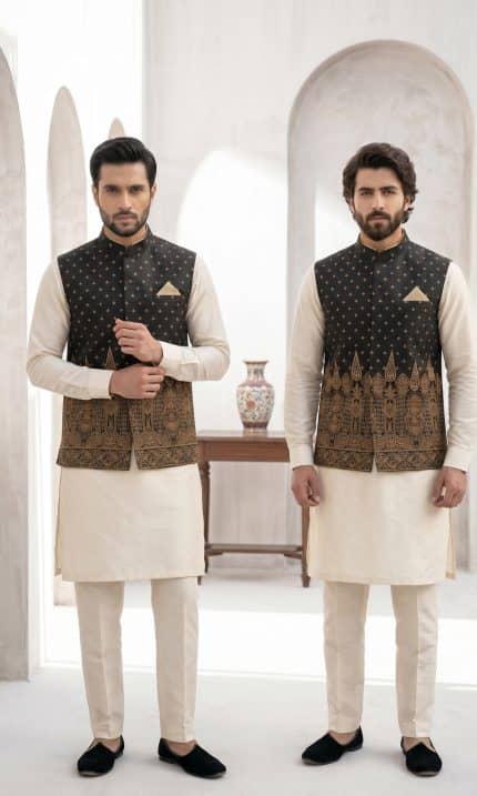 Experience timeless elegance with this premium waistcoat crafted from luxurious Jamawar fabric, designed for men who appreciate traditional style with a modern touch.
