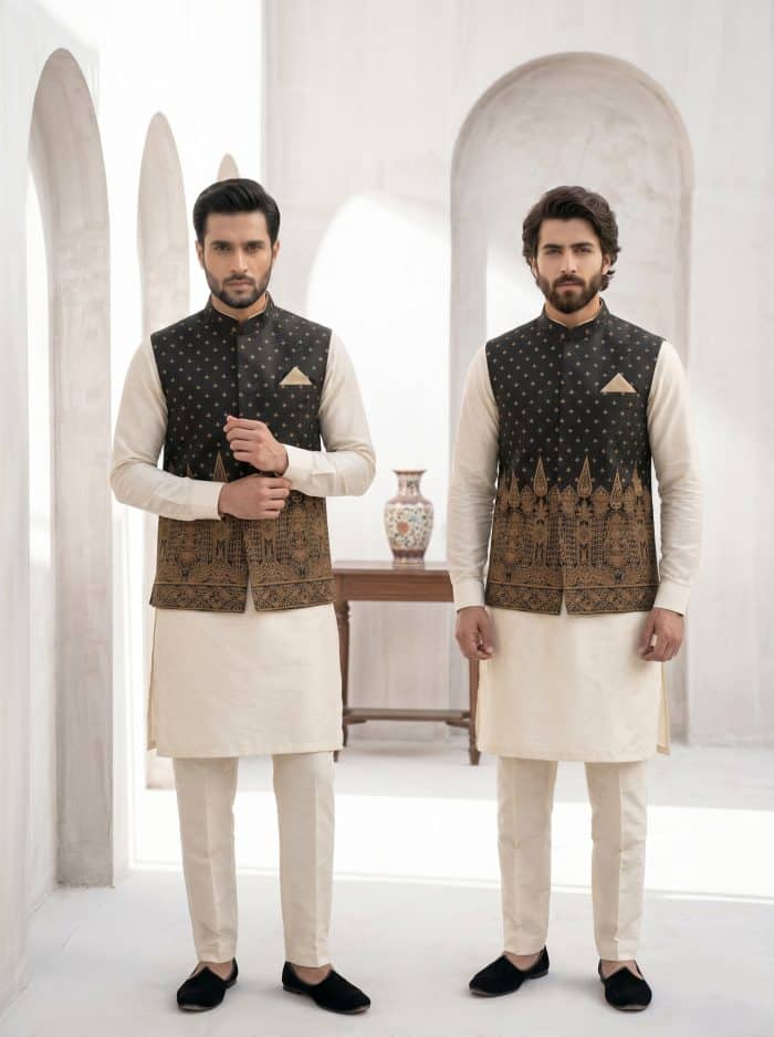 Luxury Black Jamawar Waistcoat with Digital Thread Embroidery 2026 Experience timeless elegance with this premium waistcoat crafted from luxurious Jamawar fabric, designed for men who appreciate traditional style with a modern touch.