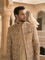 Royal Beige Silk Prince Coat Luxury Open Style Wedding Wear (P-15) - Image 4