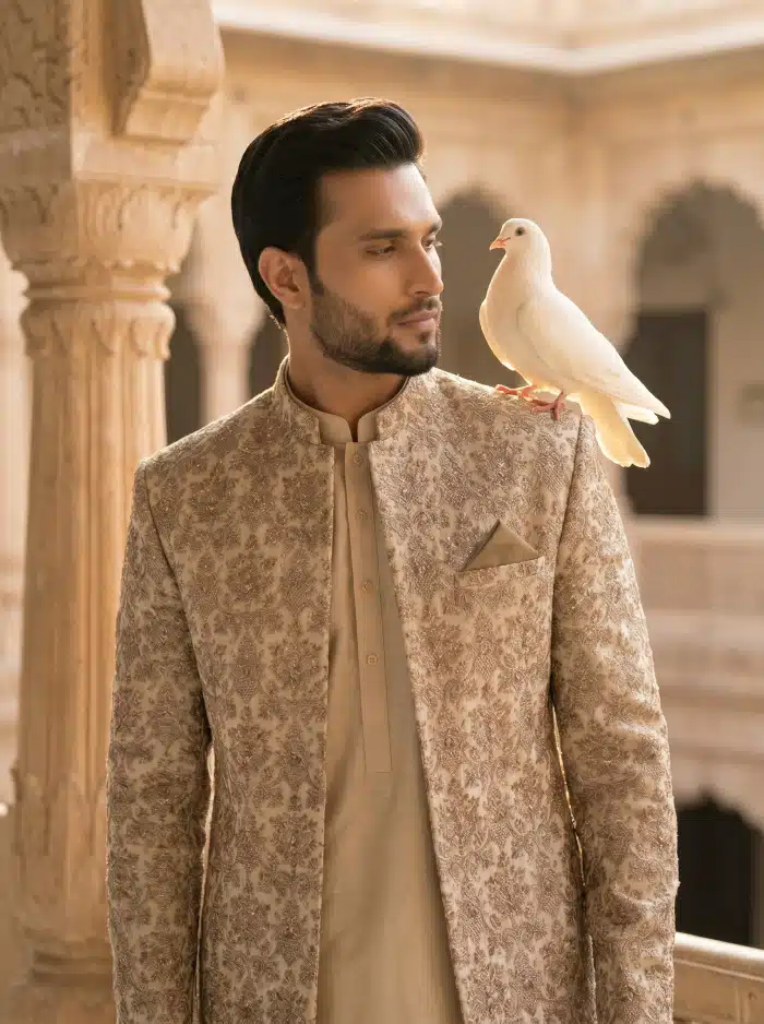 Royal Beige Silk Prince Coat Luxury Open Style Wedding Wear (P-15) - Image 4