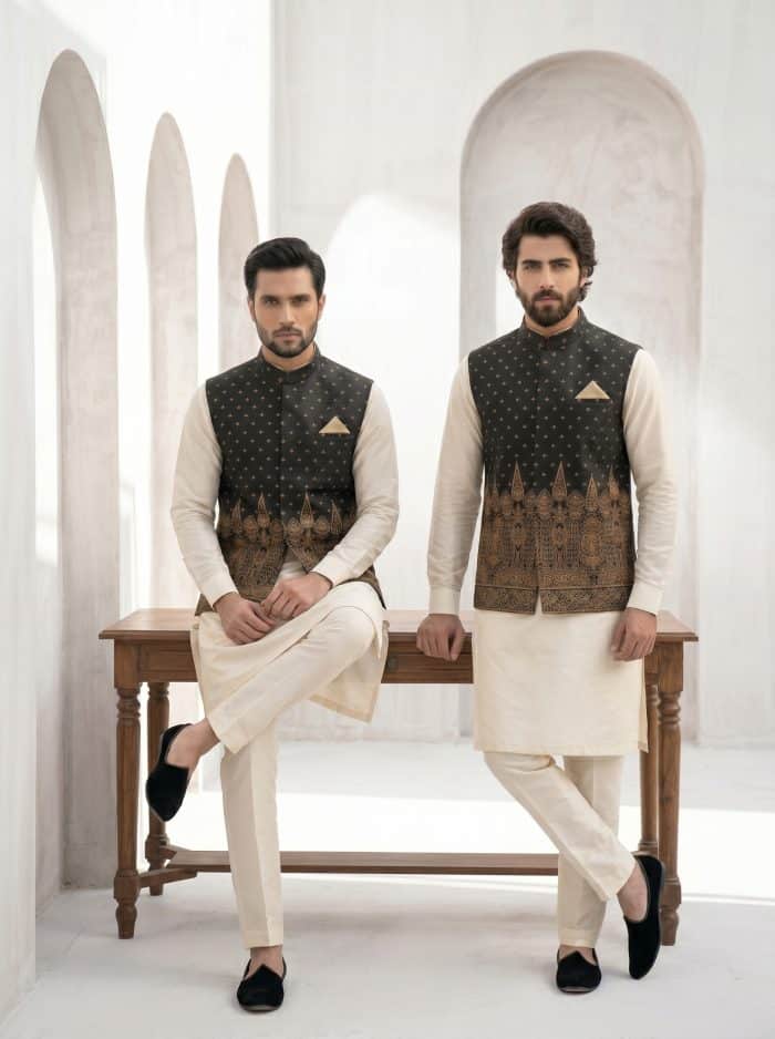 Luxury Black Jamawar Waistcoat with Digital Thread Embroidery  (W-19) - Image 5
