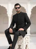 Luxury Black Tropical Prince Coat Handmade Embroidered Hidden Button Design (P-16) - Image 3