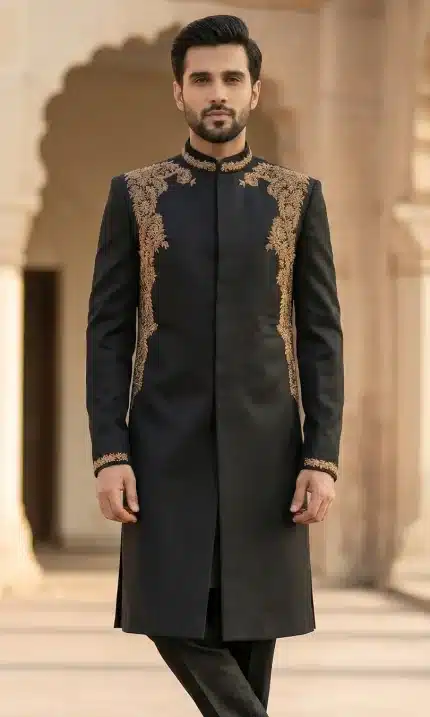 Experience royal sophistication with this luxurious black sherwani crafted from premium Tropical fabric. Designed for the modern gentleman,