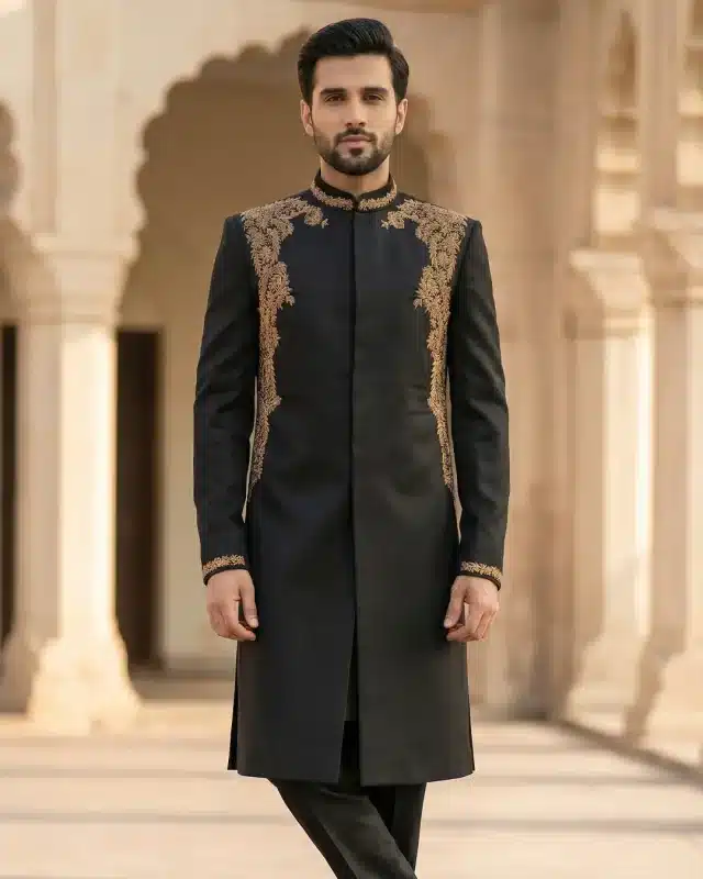 Experience royal sophistication with this luxurious black sherwani crafted from premium Tropical fabric. Designed for the modern gentleman,