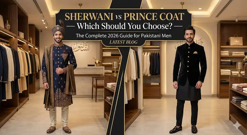 Sherwani vs Prince Coat — Which Should You Choose? The Complete 2026 Guide for Pakistani Men 1 Sherwani vs Prince Coat