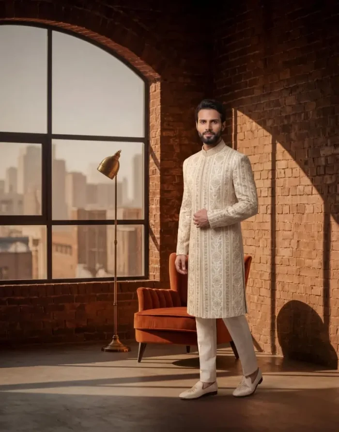 Regal Ivory Silk Sherwani with Handcrafted Resham Embroidery (S-25) - Image 5