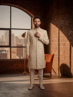 Tailored from a premium silk-blend fabric, this sherwani delivers a smooth, rich texture with a refined finish.