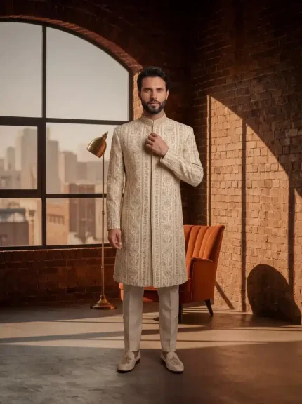 Tailored from a premium silk-blend fabric, this sherwani delivers a smooth, rich texture with a refined finish.