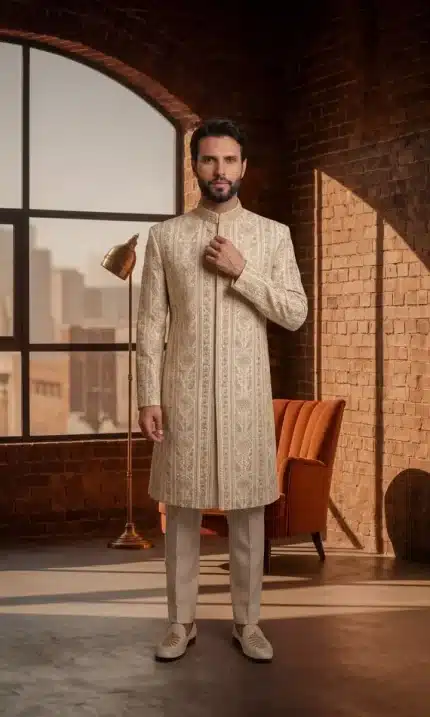 Tailored from a premium silk-blend fabric, this sherwani delivers a smooth, rich texture with a refined finish.