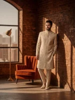 Regal Ivory Silk Sherwani with Handcrafted Resham Embroidery (S-25) - Image 4