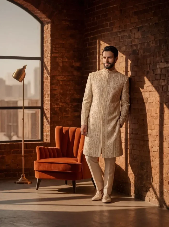 Regal Ivory Silk Sherwani with Handcrafted Resham Embroidery (S-25) - Image 4