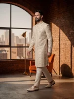 Regal Ivory Silk Sherwani with Handcrafted Resham Embroidery (S-25) - Image 3