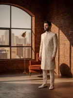 Regal Ivory Silk Sherwani with Handcrafted Resham Embroidery (S-25) - Image 2
