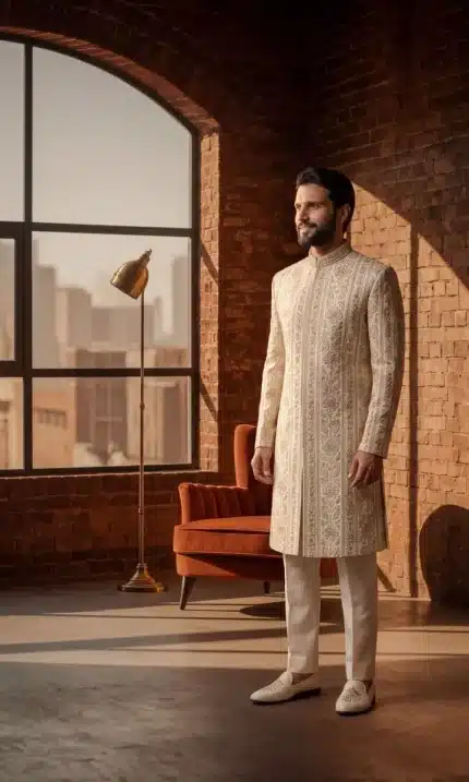 ivory silk sherwani for groom