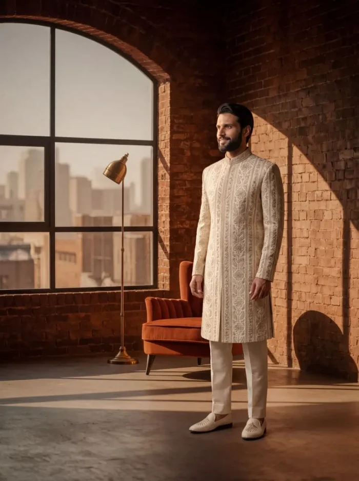 Regal Ivory Silk Sherwani with Handcrafted Resham Embroidery (S-25) - Image 2
