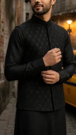 White Ivory Royale & Black Midnight Noir Embroidered Waistcoat Sets (W-16) - Image 4