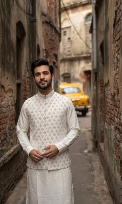 White Ivory Royale & Black Midnight Noir Embroidered Waistcoat Sets are crafted for men who value timeless eastern fashion with a modern luxury touch.