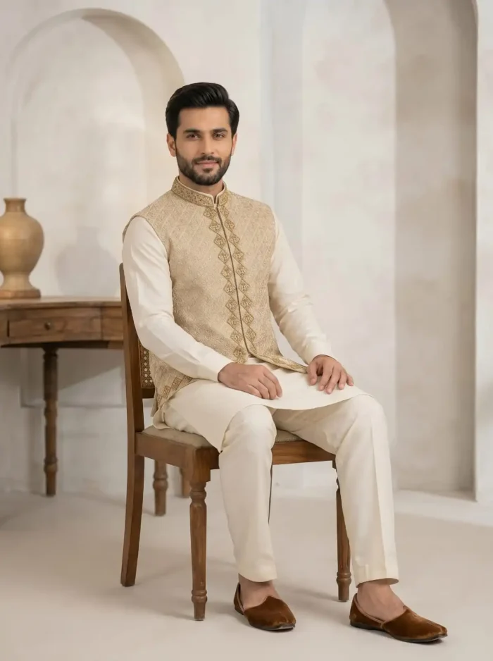 Elegant Cream Waistcoat with Digital Thread & Handmade Embroidery (W-17) - Image 3
