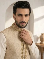Elegant Cream Waistcoat with Digital Thread & Handmade Embroidery (W-17) - Image 2