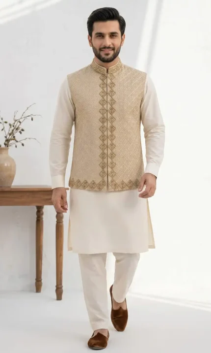 Upgrade your traditional wardrobe with this sophisticated cream waistcoat paired with a classic ivory kurta trouser set.