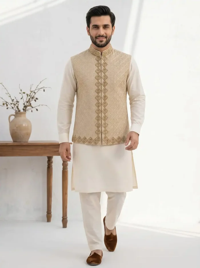 Upgrade your traditional wardrobe with this sophisticated cream waistcoat paired with a classic ivory kurta trouser set.