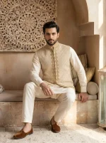 Elegant Cream Waistcoat with Digital Thread & Handmade Embroidery (W-17) - Image 4